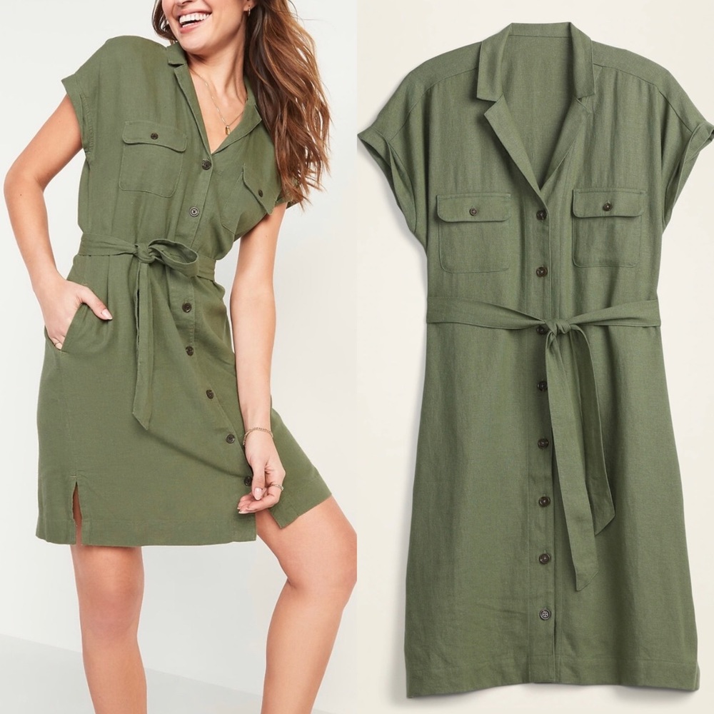 Old Navy Olive Green Linen Blend Utility Tie-Belt Shirt Dress